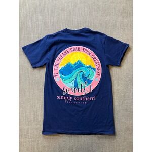 Simply Southern Collection Womens Small Blue Graphic T Shirt Ocean Mountains